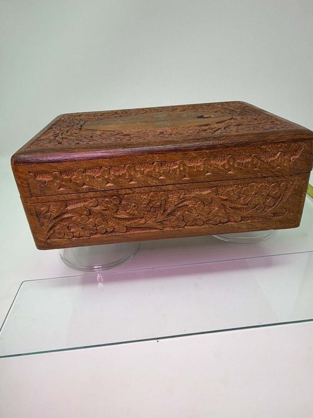 Vintage Hand Carved Wood Floral Jewelry Trinket Box